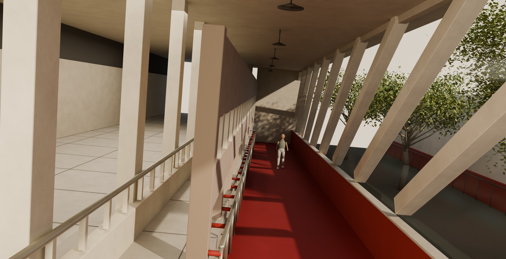 Blender 渲染的学校廊道：红色坡道、混凝土柱列与庭院树影
